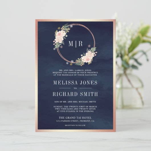 Rose Gold Blush Pink All in One Navy Blue Wedding Einladung (Stehend Vorderseite)