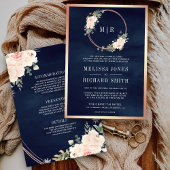Rose Gold Blush Pink All in One Navy Blue Wedding Einladung