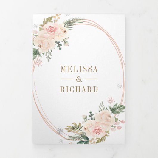 Rose Gold Blush Pink Floral QR Code Hochzeit Dreifach Gefaltete Einladung (Cover)