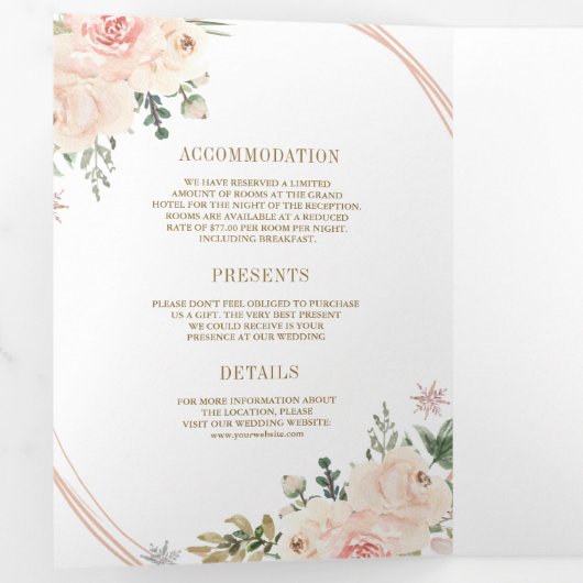 Rose Gold Blush Pink Floral QR Code Hochzeit Dreifach Gefaltete Einladung (Innen Erste Seite)