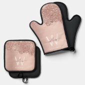 Rose Gold Blush Pink Girl Dust Monogramm Ofenhandschuh & Topflappen-Set (Vorderseite/Rückseite)