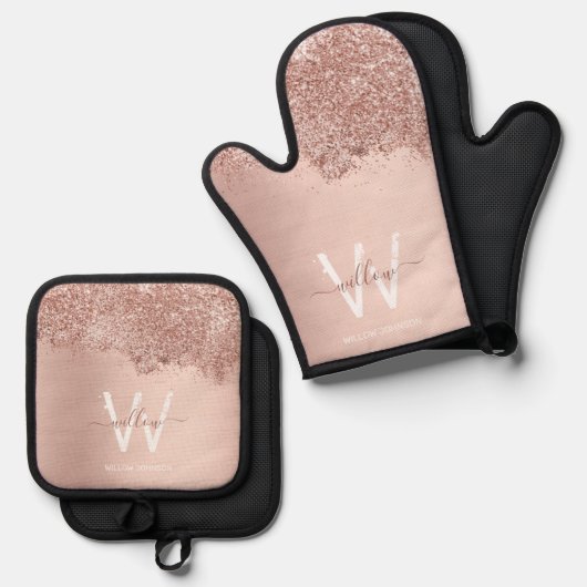 Rose Gold Blush Pink Girl Dust Monogramm Ofenhandschuh & Topflappen-Set (Vorderseite/Rückseite)
