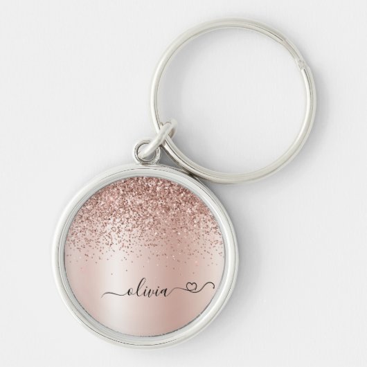 Rose Gold - Blush Pink Glitter Metal Monogram Name Schlüsselanhänger (Vorne)