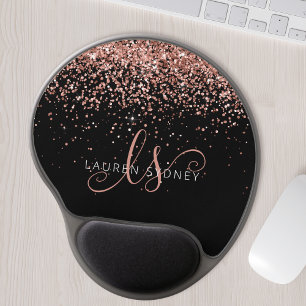 Rose Gold Blush Pink Glitzer Glam Monogram Name Gel Mousepad