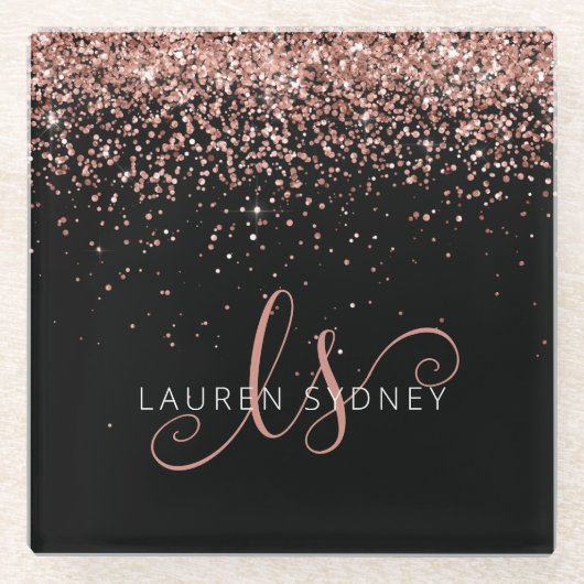 Rose Gold Blush Pink Glitzer Glam Monogram Name Glasuntersetzer (Vorderseite)
