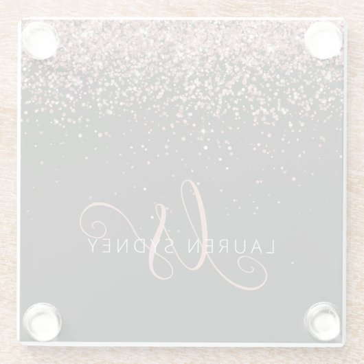 Rose Gold Blush Pink Glitzer Glam Monogram Name Glasuntersetzer (Rückseite)