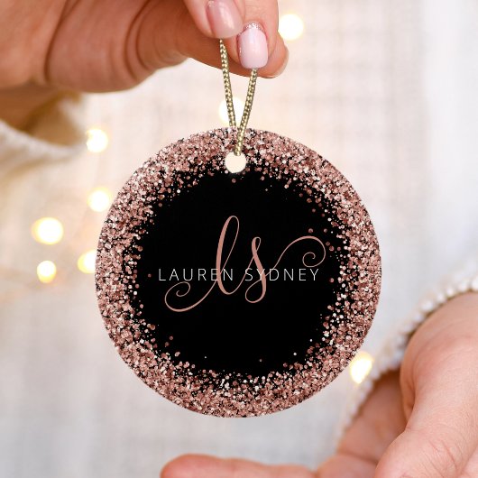 Rose Gold Blush Pink Glitzer Glam Monogram Name Keramik Ornament