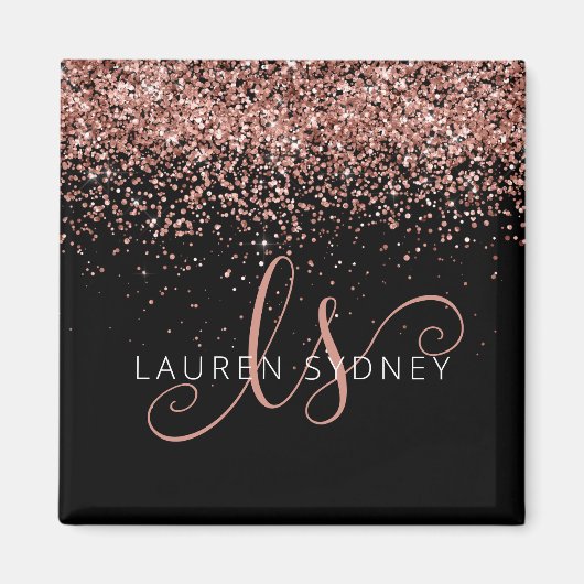 Rose Gold Blush Pink Glitzer Glam Monogram Name Magnet (Vorne)