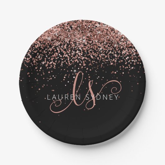 Rose Gold Blush Pink Glitzer Glam Monogram Name Pappteller (Vorderseite)