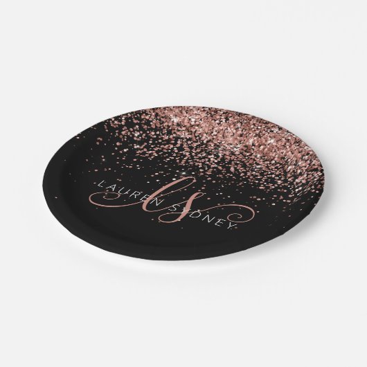 Rose Gold Blush Pink Glitzer Glam Monogram Name Pappteller (Schrägansicht)