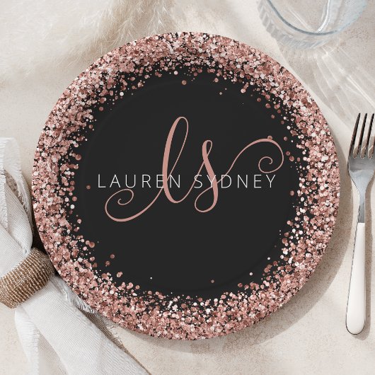 Rose Gold Blush Pink Glitzer Glam Monogram Name Pappteller