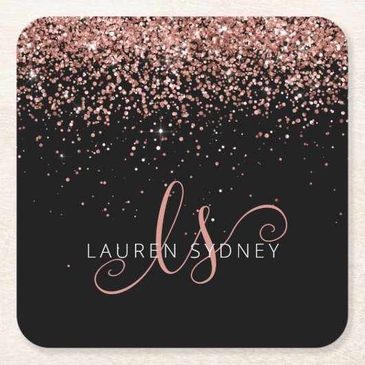 Rose Gold Blush Pink Glitzer Glam Monogram Name Rechteckiger Pappuntersetzer (Vorderseite)