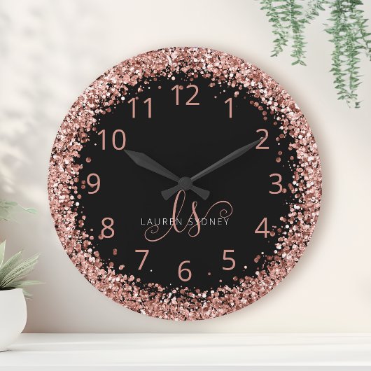 Rose Gold Blush Pink Glitzer Glam Monogram Name Runde Wanduhr