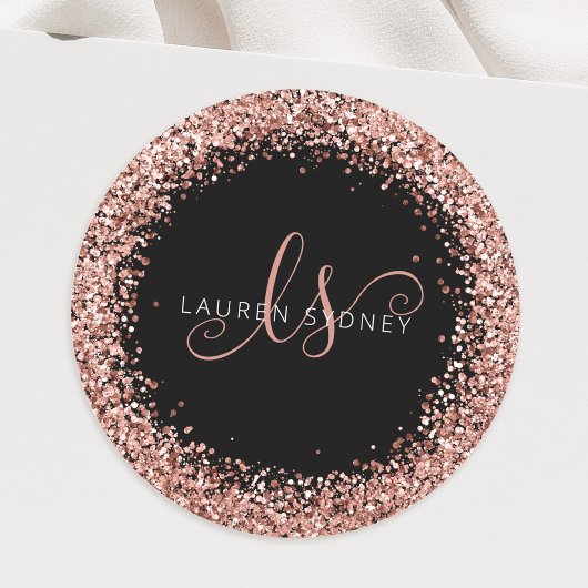Rose Gold Blush Pink Glitzer Glam Monogram Name Runder Aufkleber