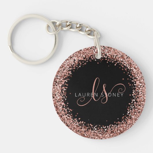 Rose Gold Blush Pink Glitzer Glam Monogram Name Schlüsselanhänger (Vorderseite)