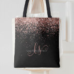 Rose Gold Blush Pink Glitzer Glam Monogram Name Tasche<br><div class="desc">Glam Rose Gold Glitzer Elegante Monogram Tote Bag. Dieses schicke Tote-Taschendesign mit elegantem goldglänzenden Glitzer in der Rose auf schwarzem Hintergrund ist einfach zu personalisieren. Das Design enthält Ihr handgeschriebenes Skriptmonogramm mit hübschen Wirbel und Ihrem Namen.</div>