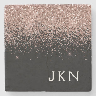Rose Gold Blush Pink Glitzer Monogram Initialen Steinuntersetzer