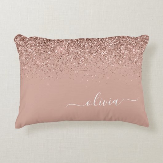 Rose Gold Blush Pink Glitzer Script Monogram Girl Dekokissen (Vorderseite)