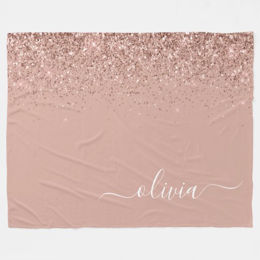 Rose Gold Blush Pink Glitzer Script Monogram Girl Fleecedecke (Vorderseite (Horizontal))