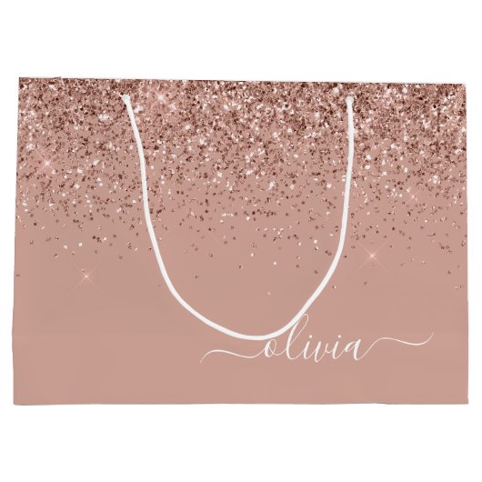 Rose Gold Blush Pink Glitzer Script Monogram Girl Große Geschenktüte (Rückseite)
