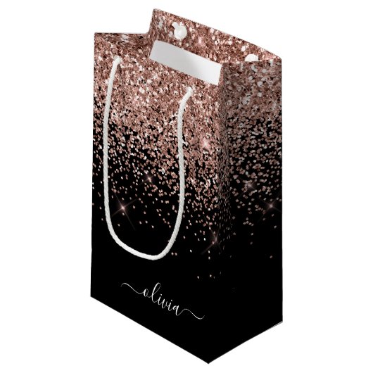 Rose Gold Blush Pink Glitzer Script Monogram Girl Kleine Geschenktüte (Vorderseite Schrägansicht)