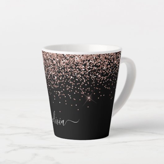 Rose Gold Blush Pink Glitzer Script Monogram Girl Milchtasse (Rechte Ecke)