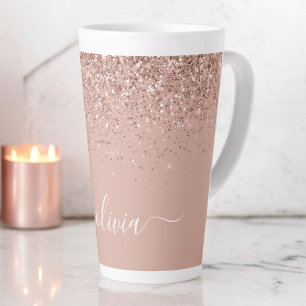 Rose Gold Blush Pink Glitzer Script Monogram Girl Milchtasse