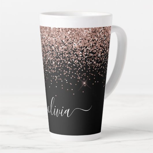 Rose Gold Blush Pink Glitzer Script Monogram Girl Milchtasse (Rechte Ecke)