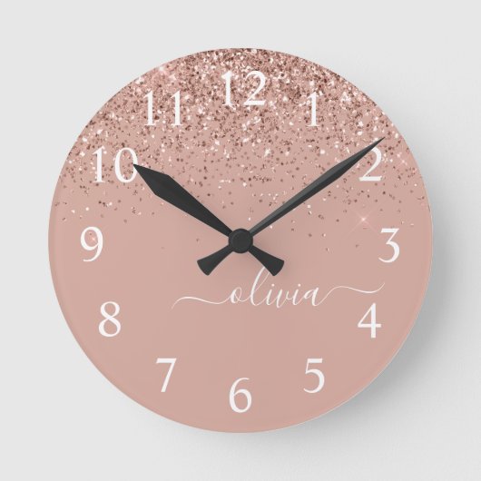 Rose Gold Blush Pink Glitzer Script Monogram Girl Runde Wanduhr (Vorderseite)