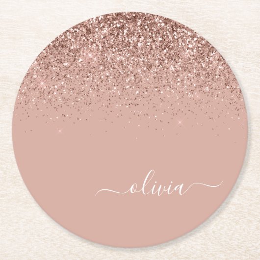 Rose Gold Blush Pink Glitzer Script Monogram Girl Runder Pappuntersetzer (Vorderseite)