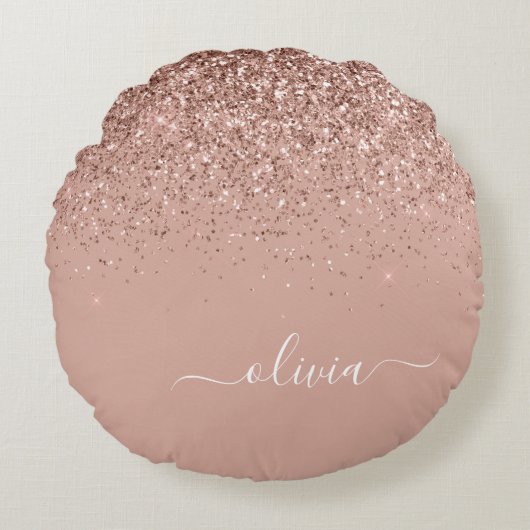 Rose Gold Blush Pink Glitzer Script Monogram Girl Rundes Kissen (Vorderseite)