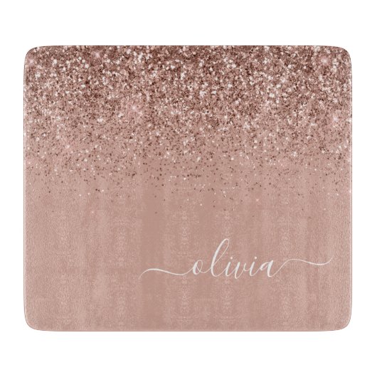Rose Gold Blush Pink Glitzer Script Monogram Girl Schneidebrett (Vorderseite)