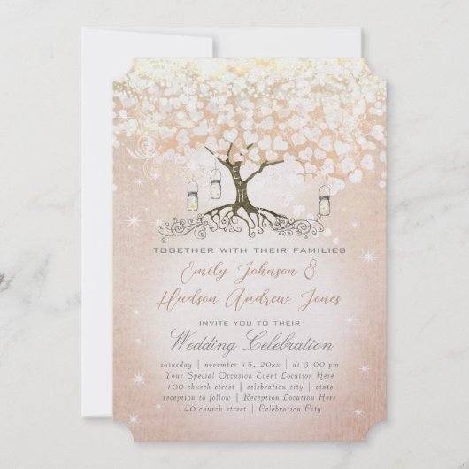 Rose Gold Blush Pink Heart Leaf Tree Hochzeit Einladung (Vorderseite)