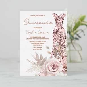 Rose Gold, Blush Pink Kleid Quinceanera Echt Folieneinladung