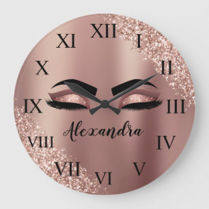 Rose Gold Blush Pink Monogram Glitter Eyelashes Große Wanduhr