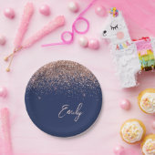 Rose Gold - Blush Pink Navy Blue Glitzer Monogram Pappteller (Party)