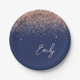 Rose Gold - Blush Pink Navy Blue Glitzer Monogram Pappteller