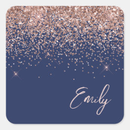 Rose Gold Blush Pink Navy Blue Glitzer Name Quadratischer Aufkleber