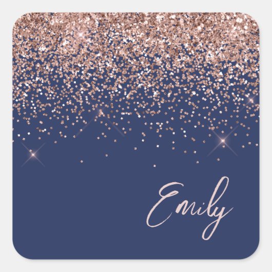Rose Gold Blush Pink Navy Blue Glitzer Name Quadratischer Aufkleber (Vorderseite)