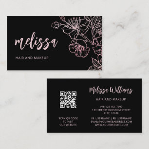 Rose Gold Blush Pink Schwarze Floral QR Code Ges Visitenkarte