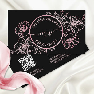 Rose Gold Blush Pink Schwarzes Floral   QR Code Visitenkarte