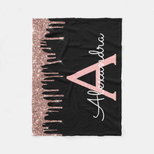 Rose Gold - Blush Pink Schwarzes Glitter Monogramm Fleecedecke