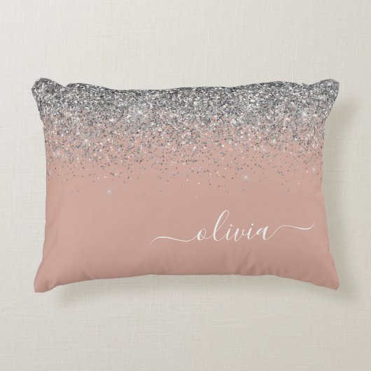 Rose Gold Blush Pink Silber Glitzer Monogramm Dekokissen (Vorderseite)