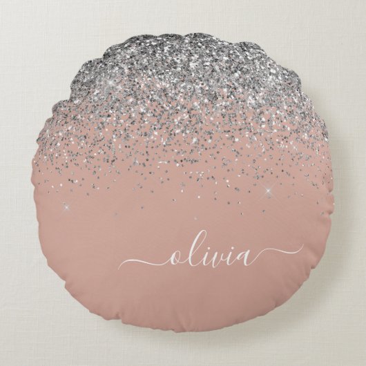Rose Gold Blush Pink Silber Glitzer Monogramm Rundes Kissen (Vorderseite)