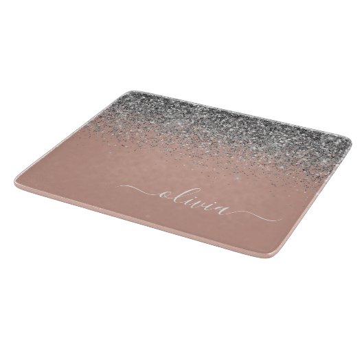 Rose Gold Blush Pink Silber Glitzer Monogramm Schneidebrett (Ecke)