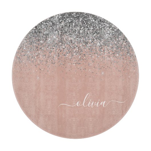 Rose Gold Blush Pink Silber Glitzer Monogramm Schneidebrett (Vorderseite)