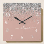 Rose Gold Blush Pink Silver Glitter Monogram Girly Quadratische Wanduhr<br><div class="desc">Rose Gold - Blush Pink and Silver Sparkle Glitter Script Monogram Name Clock. This makes the perfect sweet 16 birthday,  wedding,  bridal shower,  anniversary,  baby shower or bachelorette party gift for someone that loves glam luxury and chic styles.</div>