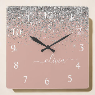 Rose Gold Blush Pink Silver Glitter Monogram Girly Quadratische Wanduhr