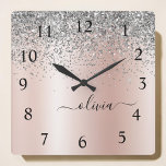 Rose Gold - Blush Pink Silver Glitter Monogram Quadratische Wanduhr<br><div class="desc">Rose Gold - Blush Pink and Silver Faux Foil Metallic Sparkle Glitter Brushed Metal Monogram Name Clock. This makes the perfect sweet 16 birthday,  wedding,  bridal shower,  anniversary,  baby shower or bachelorette party gift for someone that loves glam luxury and chic styles.</div>