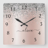 Rose Gold - Blush Pink Silver Glitter Monogram Quadratische Wanduhr (Vorderseite)